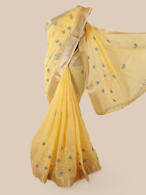 

Pothys Yellow Cotton Blend Embroidered Chanderi Saree