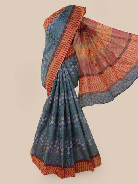 

Pothys Blue & Mustard Pure Cotton Printed Saree