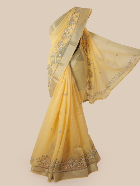 

Pothys Yellow Cotton Blend Embroidered Chanderi Saree