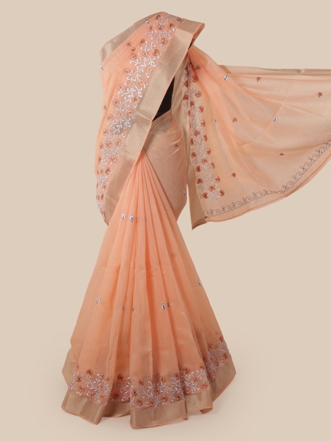 

Pothys Orange Cotton Blend Embroidered Chanderi Saree