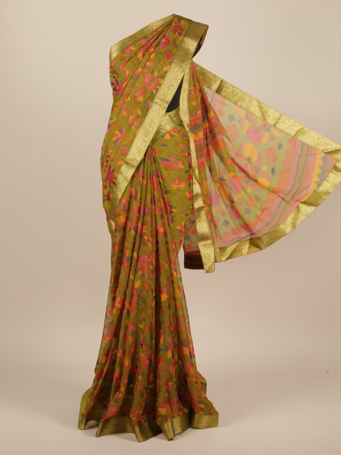 

Pothys Green Floral Printed Poly Chiffon Saree