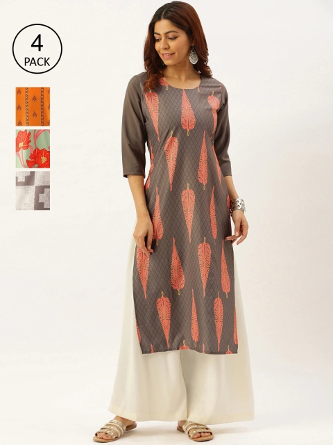 

7Threads Women Pack of 4 Ethnic Motifs Printed Crepe Kurtas, Grey