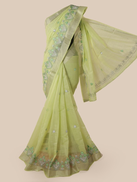

Pothys Green Cotton Blend Printed Chanderi Saree