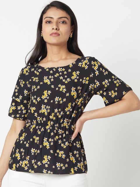 

Miss Grace Black Floral Printed Pure Cotton Cinched Waist Top