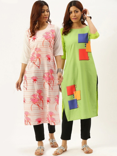 

7Threads Women Pack Of 2 White & Green Printed Crepe Kurta