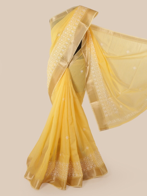 

Pothys Yellow & White Cotton Blend Embroidered Chanderi Saree