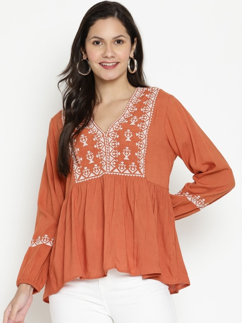 

VANCA ECO Women Orange Embroidered Placement Print Peplum Top