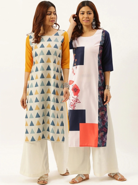 

7Threads Women Pack of 2 Yellow & Navy Blue Geometric Printed Crepe Kurta