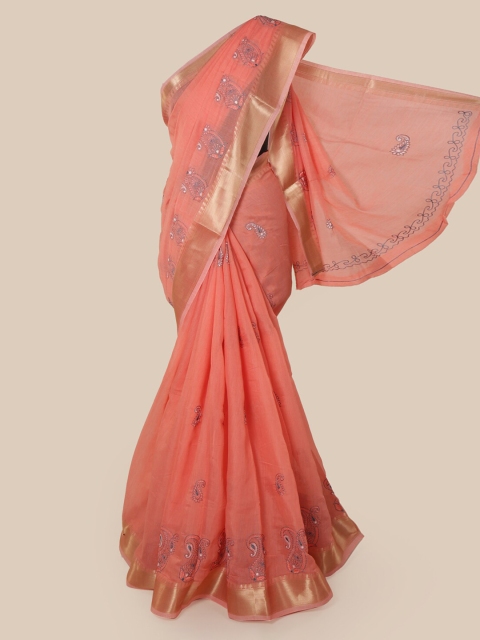 

Pothys Peach-Coloured Cotton Blend Embroidered Chanderi Saree