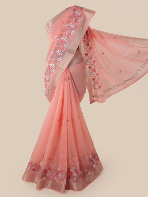 

Pothys Peach-Coloured Cotton Blend Embroidered Chanderi Saree