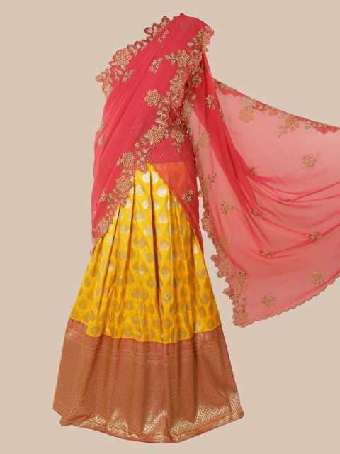 

Pothys Pink & Yellow Pure Silk Embellished Banarasi Lehenga Saree