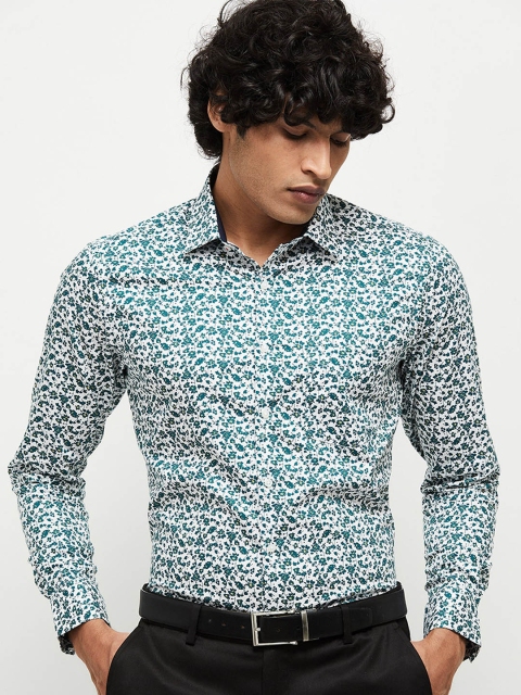max Men Green & White Slim Fit Printed Formal Shirt