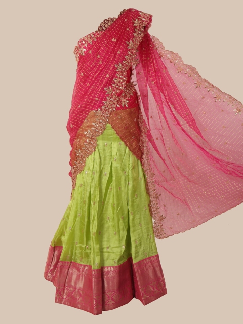 

Pothys Pink & Green Cotton Blend Embroidered Lehenga Saree