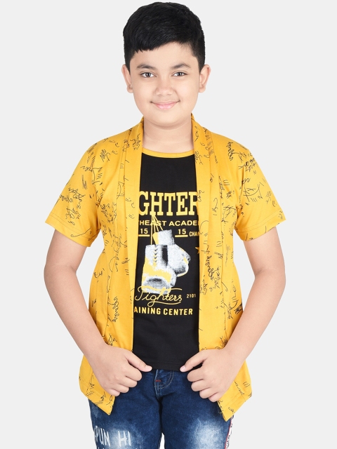 

Fabshio Boys Yellow & Black Typography Printed T-shirt with Attached Shrug