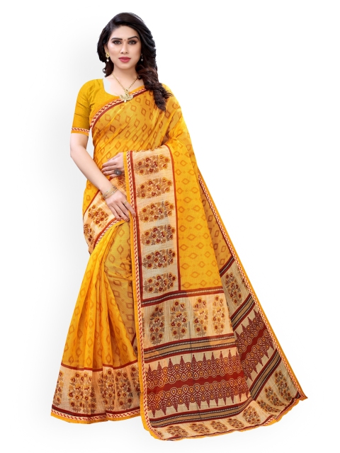 

KALINI Yellow & Maroon Polycotton Printed Saree