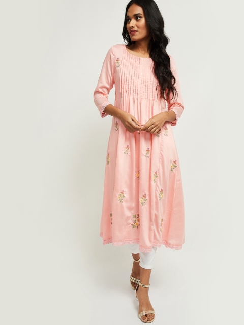 

max Women Peach-Coloured Floral Embroidered Kurta