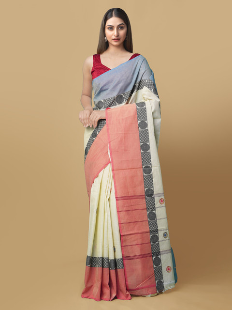 

Unnati Silks Cream-Coloured Pure Cotton Solid Mangalagiri Saree