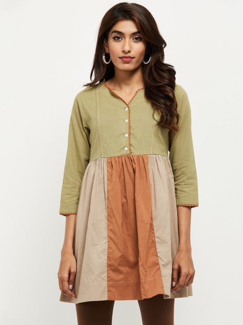 

max Rust Brown & Green Colourblocked A-Line Longline Top