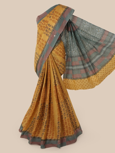 

Pothys Mustard & Grey Pure Cotton Printed Saree