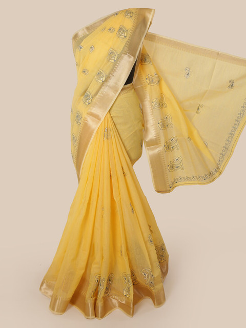 

Pothys Yellow Cotton Blend Embroidered Chanderi Saree