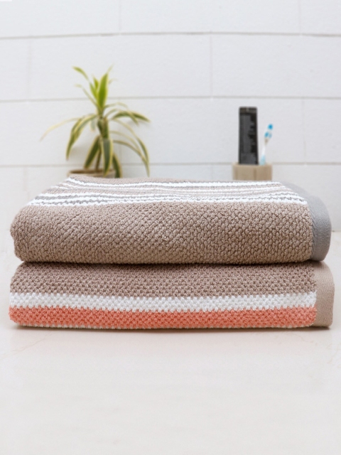

AVI Living Set Of 2 Coral-Coloured & Beige Striped 550 GSM Cotton Bath Towels