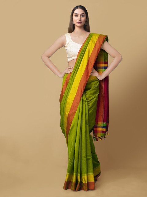 

Unnati Silks Green Silk Cotton Solid Kanjeevaram Saree