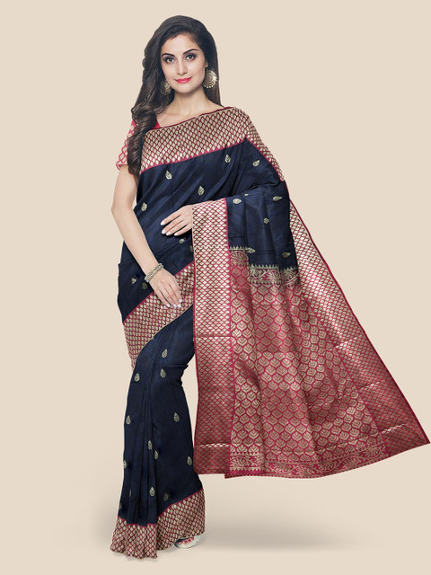 

Kalamandir Navy Blue Silk Blend Woven Design Kanjeevaram Saree