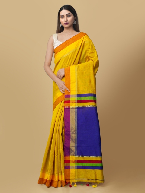 Unnati Silks Yellow & Blue Silk Cotton Solid Kanjeevaram Saree