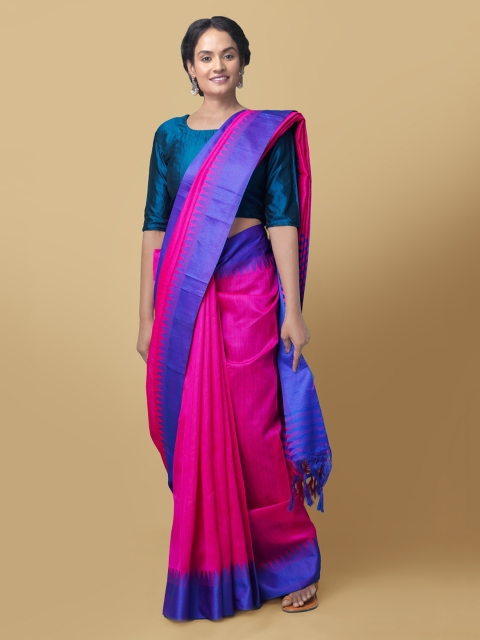 

Unnati Silks Pink & Blue Art Silk Solid Baluchari Saree