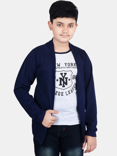 

Fabshio Boys Navy Blue Typography Printed T-shirt with Attached Jacket