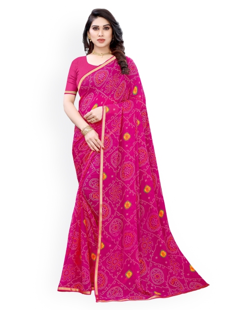

KALINI Pink & White Poly Chiffon Printed Bandhani Saree