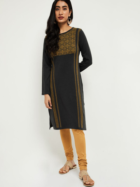 

max Women Grey Geometric Yoke Design Kurta