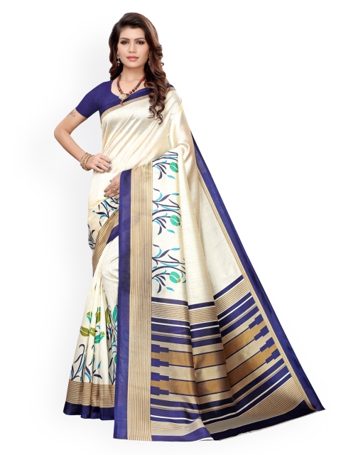 

KALINI Cream-Coloured & Navy Blue Poly Silk Printed Pochampally Saree
