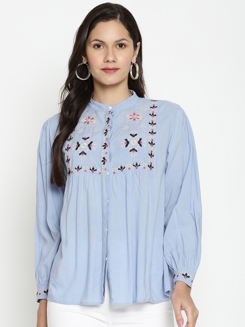 

VANCA ECO Women Blue Embroidered Mandarin Collar Placement Print Regular Top