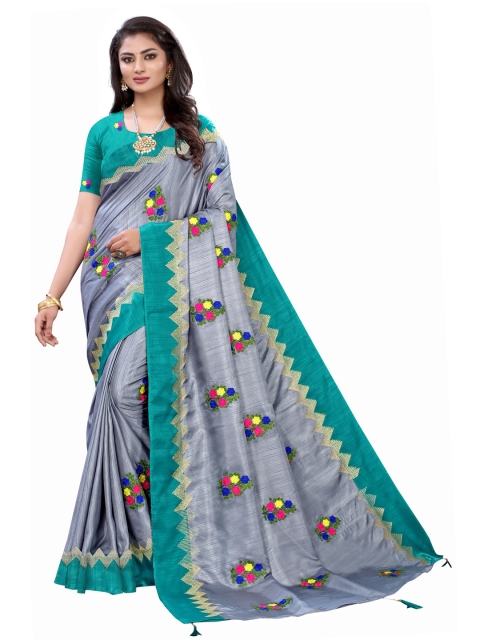 

KALINI Grey & Green Poly Silk Embroidered Saree