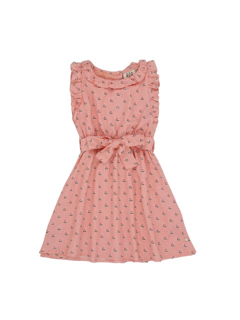 

Ed-a-Mamma Girls Peach-Coloured & Green Floral Print Pure Cotton A-Line Dress with Belt