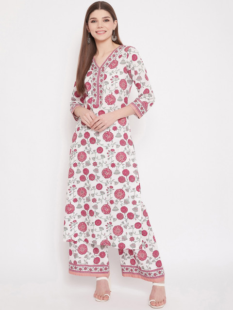 

Tissu Women White & Pink Printed Kurta with Palazzos