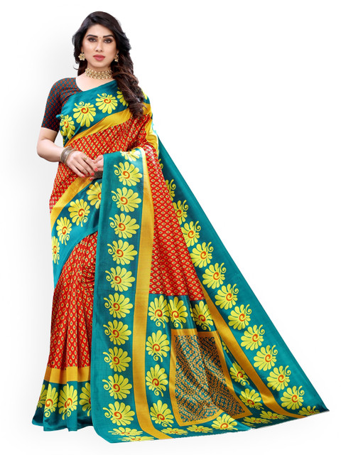 

KALINI Red & Teal Poly Silk Printed Pochampally Saree