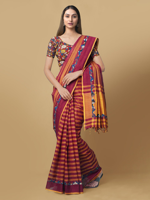 

Unnati Silks Maroon & Orange Pure Cotton Striped Mangalagiri Saree