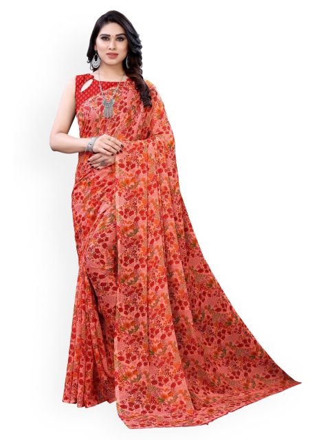 

KALINI Peach-Coloured Ditsy Floral Printed Poly Chiffon Saree