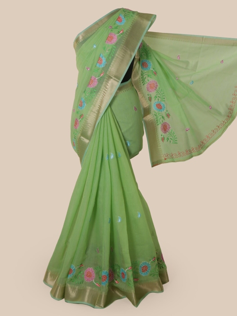 

Pothys Green Cotton Blend Embroidered Chanderi Saree
