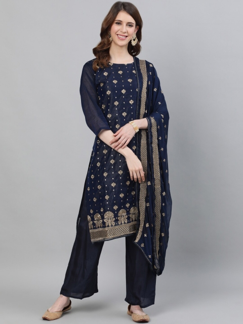 

Ishin Women Navy Blue & Gold-Toned Embroidered Kurta with Trousers & Dupatta