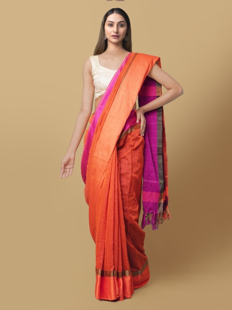 

Unnati Silks Orange & Purple Silk Cotton Solid Kanjeevaram Saree