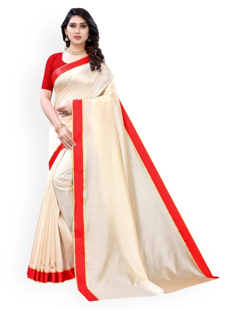 KALINI Cream-Coloured Solid Poly Silk Saree