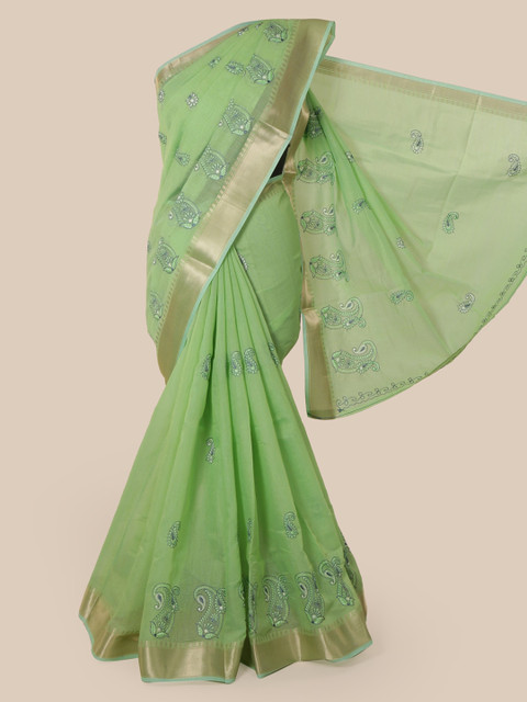 

Pothys Green Embroidered Chanderi Saree