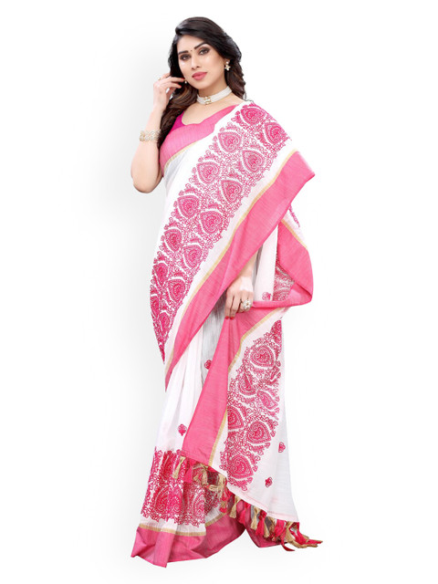 

KALINI White & Pink Polycotton Embroidered Saree