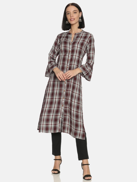

Saffron Threads Women Black & Red Checked Bell Sleeves Cotton Kurta