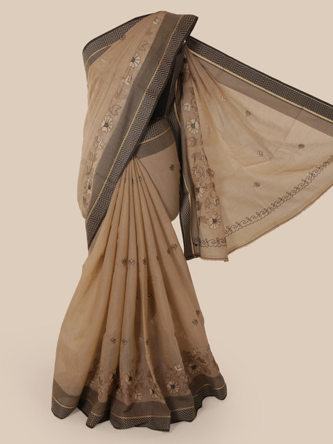 

Pothys Cream-Coloured Cotton Blend Embroidered Chanderi Saree