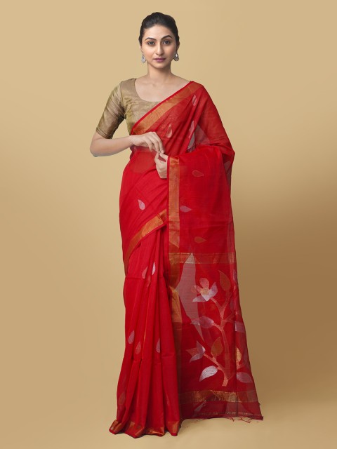 

Unnati Silks Red Silk Cotton Printed Maheshwari Saree