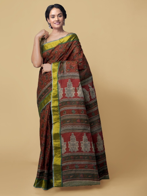

Unnati Silks Brown & Red Supernet Printed Block Print Saree